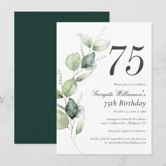 Watercolor Greenery 75th Birthday Script Einladung (Vorne/Hinten)
