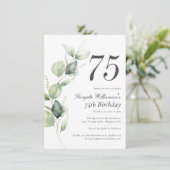 Watercolor Greenery 75th Birthday Script Einladung (Stehend Vorderseite)