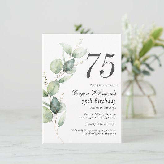 Watercolor Greenery 75th Birthday Script Einladung (Stehend Vorderseite)