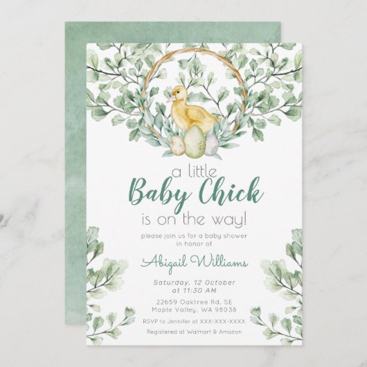 Watercolor Greenery Baby Chick Baby Shower Einladung (Vorne/Hinten)