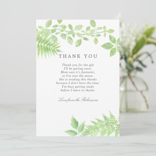 Watercolor Greenery Baby Dusche Vielen Dank Dankeskarte (Stehend Vorderseite)