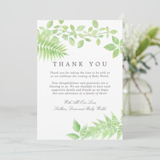 Watercolor Greenery Baby Dusche Vielen Dank Dankeskarte (Stehend Vorderseite)