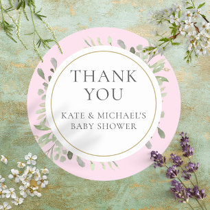 Watercolor Greenery Baby Pink Dusche Vielen Dank Runder Aufkleber