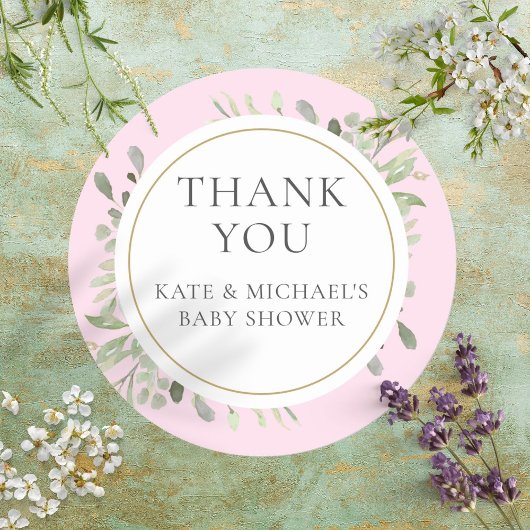 Watercolor Greenery Baby Pink Dusche Vielen Dank Runder Aufkleber