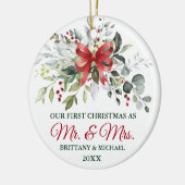 Watercolor Greenery Berries Christmas Red Bow Keramik Ornament (Links)