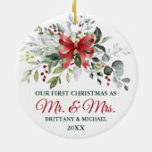 Watercolor Greenery Berries Christmas Red Bow Keramik Ornament (Hinten)
