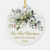 Watercolor Greenery Berries Gold FOTO BACK Keramik Ornament (Vorne)