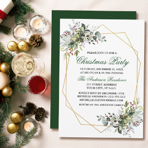 Watercolor Greenery Berries Goldenes Weihnachtsfes Einladung