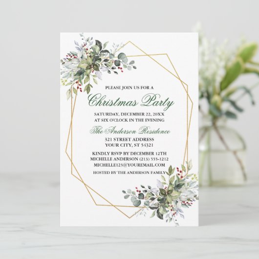 Watercolor Greenery Berries Goldenes Weihnachtsfes Einladung (Stehend Vorderseite)