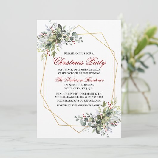 Watercolor Greenery Berries Weihnachtsfest Party R Einladung (Stehend Vorderseite)