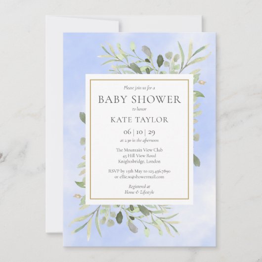 Watercolor Greenery Blue Baby Dusche | Sprinkle Einladung (Vorderseite)