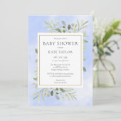 Watercolor Greenery Blue Baby Dusche | Sprinkle Einladung (Stehend Vorderseite)