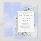 Watercolor Greenery Blue Baby Dusche | Sprinkle Einladung (Vorne/Hinten)