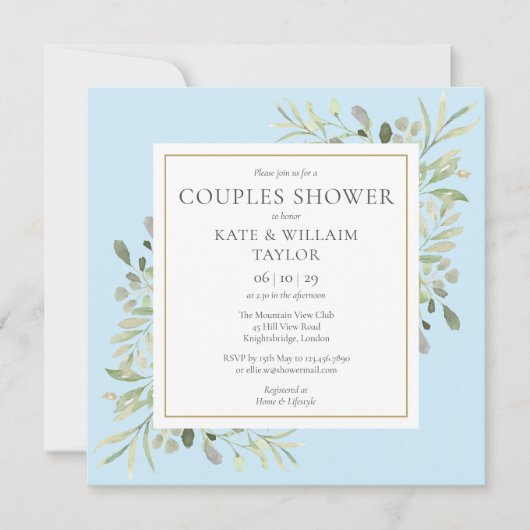 Watercolor Greenery Blue Couples Baby Boy Dusche Einladung (Vorderseite)