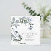 Watercolor Greenery Blue Floral Script Save The Date (Stehend Vorderseite)