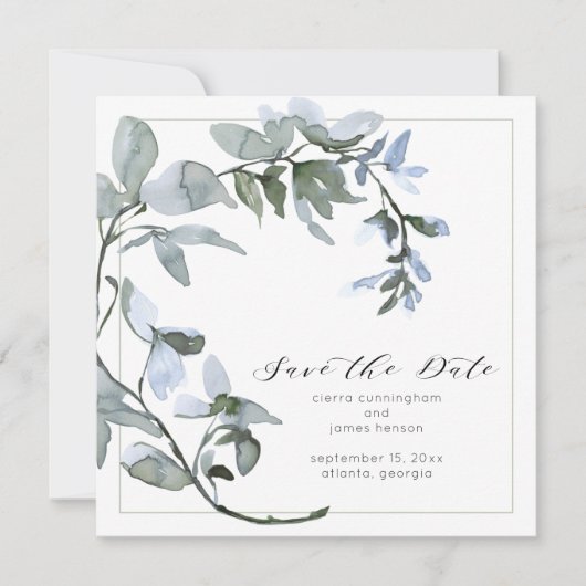 Watercolor Greenery Blue Floral Script Save The Date (Vorderseite)