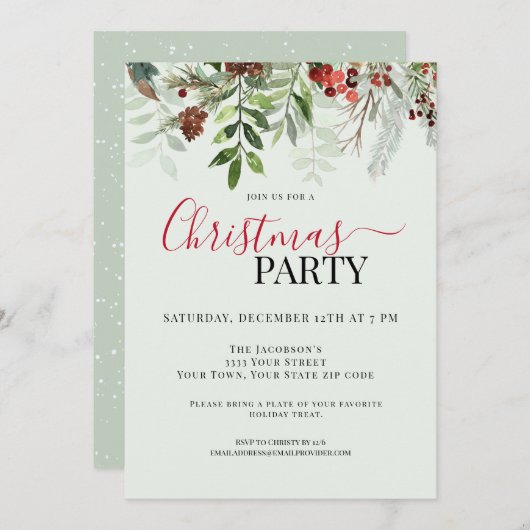 Watercolor Greenery Blumenweihnachtsfeier Einladung (Vorne/Hinten)