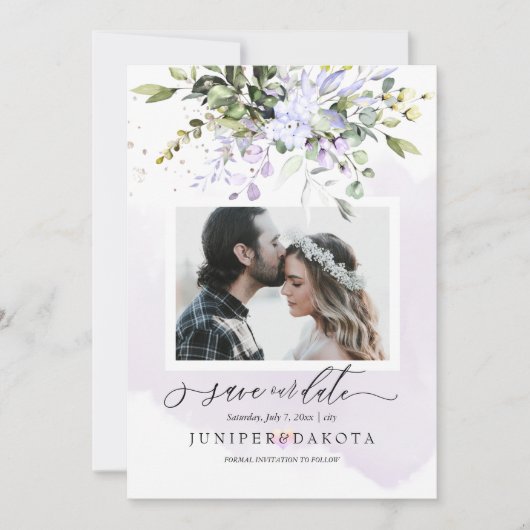 Watercolor Greenery Blush Pink Dusty Purple Einladung (Vorderseite)