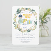 Watercolor Greenery Bonjour Boy Baby Shower Einladung (Stehend Vorderseite)