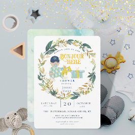 Watercolor Greenery Bonjour Boy Baby Shower Einladung