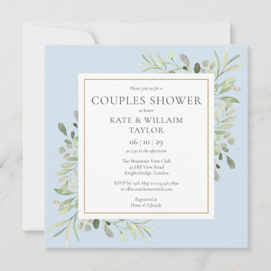 Watercolor Greenery Boy Blue Couples Kinderdusche Einladung (Vorderseite)