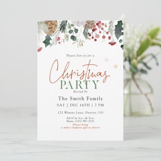 Watercolor Greenery Christmas Party Einladung (Stehend Vorderseite)