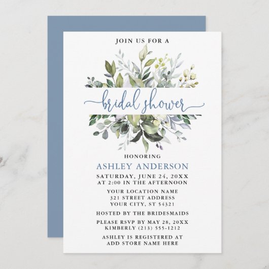 Watercolor Greenery Dusty Blue Script Dusche Einladung (Vorne/Hinten)