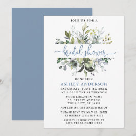 Watercolor Greenery Dusty Blue Script Dusche Einladung