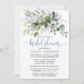Watercolor Greenery Dusty Blue Script Dusche Einladung (Vorderseite)