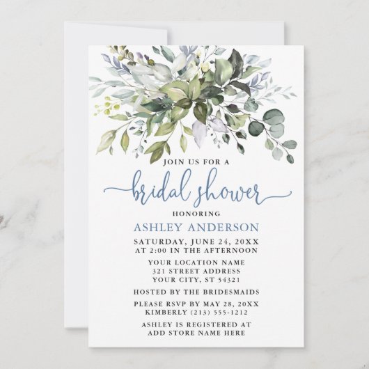 Watercolor Greenery Dusty Blue Script Dusche Einladung (Vorderseite)