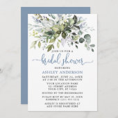 Watercolor Greenery Dusty Blue Script Dusche Einladung (Vorne/Hinten)