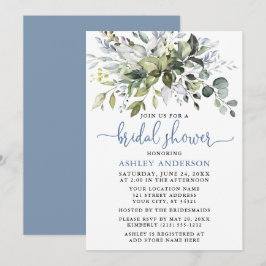 Watercolor Greenery Dusty Blue Script Dusche Einladung