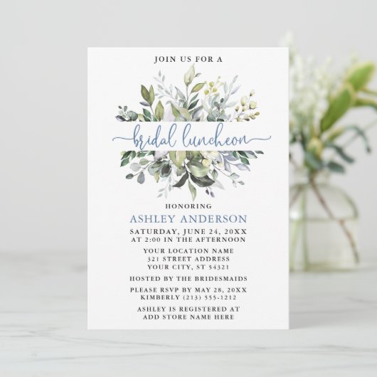 Watercolor Greenery Dusty Blue Script Luncheon Einladung (Stehend Vorderseite)