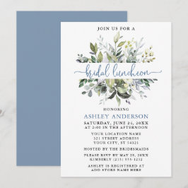 Watercolor Greenery Dusty Blue Script Luncheon Einladung