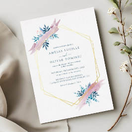 Watercolor Greenery Dusty Blue Wedding Gold Folieneinladung