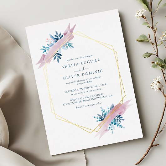Watercolor Greenery Dusty Blue Wedding Gold Folieneinladung