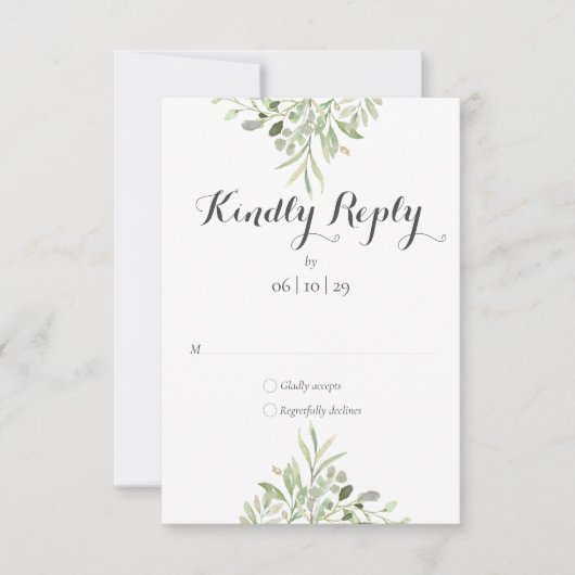 Watercolor Greenery Elegante Script Wedding RSVP Karte (Vorderseite)