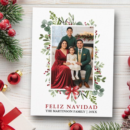 Watercolor Greenery Feliz Navidad Red Bow Postkarte