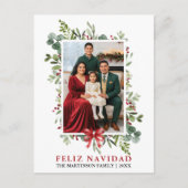 Watercolor Greenery Feliz Navidad Red Bow Postkarte (Vorderseite)