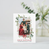 Watercolor Greenery Feliz Navidad Red Bow Postkarte (Stehend Vorderseite)