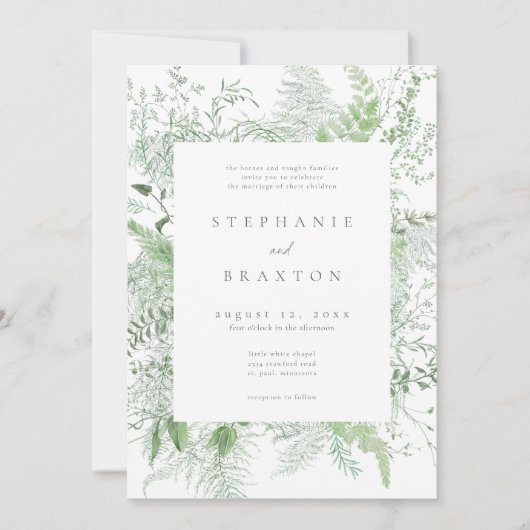 Watercolor Greenery Fern Rustic Wedding Einladung (Vorderseite)