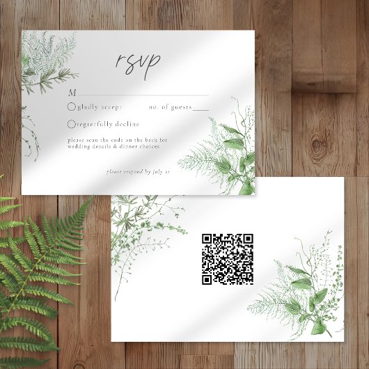 Watercolor Greenery Fern Rustic Wedding QR RSVP Karte