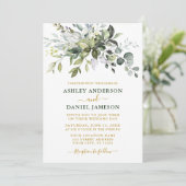 Watercolor Greenery Foto Wedding Gold Green Einladung (Stehend Vorderseite)