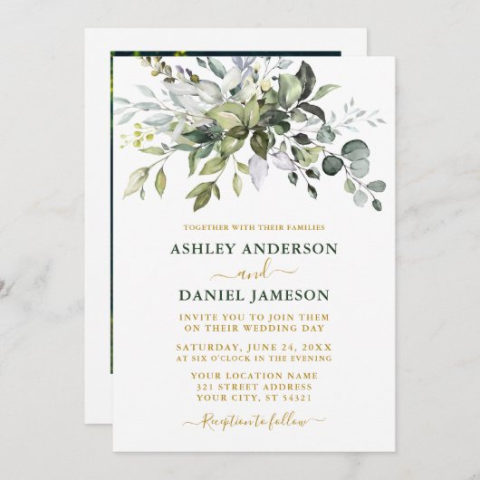 Watercolor Greenery Foto Wedding Gold Green Einladung (Vorne/Hinten)