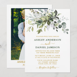 Watercolor Greenery Foto Wedding Gold Green Einladung