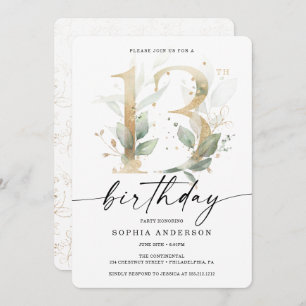 Watercolor Greenery Gold 13. Geburtstagsparty Einladung