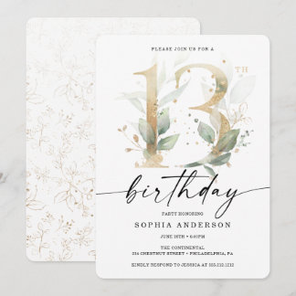 Watercolor Greenery Gold 13. Geburtstagsparty Einladung