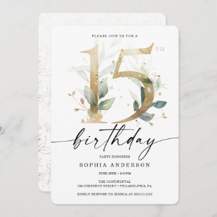 Watercolor Greenery Gold 15. Geburtstagsparty Einladung
