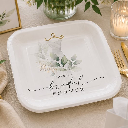 Watercolor Greenery Gold Brautparty Pappteller