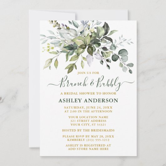 Watercolor Greenery Gold Bridal Brunch Bubbly Einladung (Vorderseite)